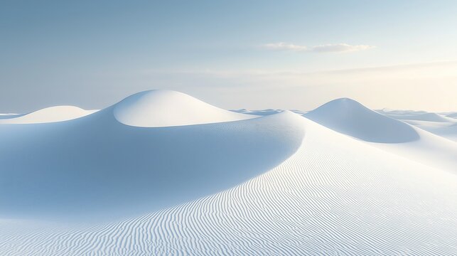 White desert dunes with soft light and clean background featuring undulating shapes of scattered sand creating ethereal atmosphere