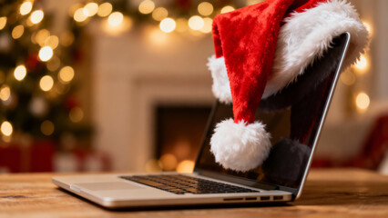 Happy business at christmas market online with laptop and santa hat in festive cozy home office for holiday season
