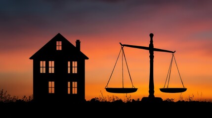 Silhouette of House and Scales of Justice Against Sunset Sky: Balance of Property Law