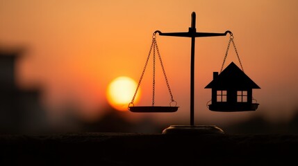 Silhouette of House and Scales of Justice Against Sunset Sky: Balance of Property Law