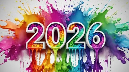 Happy New Years Eve 2026 Celebration Concept With Bold Colorful Text Exploding In Vibrant Rainbow Paint Splash And Dripping Ink Effect Against Neutral Background Perfect For Creative Marketing 