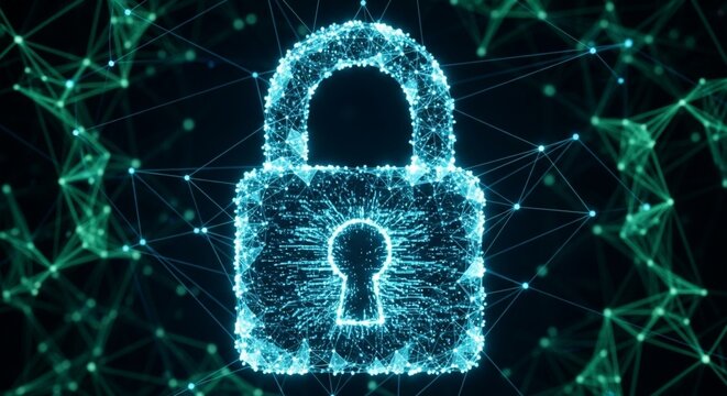 Digital padlock with network connections, symbolizing cybersecurity and data protection.