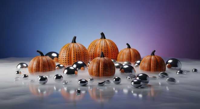 Decorative pumpkins and chrome spheres arranged on a reflective surface with fog backdrop