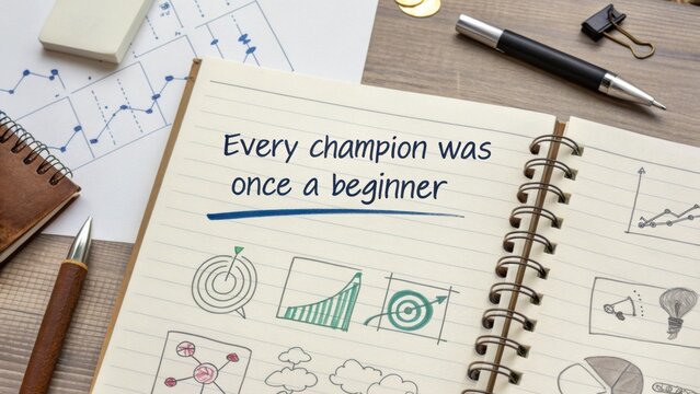 Inspirational notebook page showing champion as a beginner