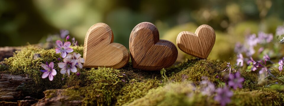 Three Wooden Hearts Resting on Moss-Covered Log: Eco-Love and Nature Concept