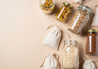 Various grains and seeds displayed in glass jars and reusable bags on beige surface show sustainable lifestyle, promoting zero waste and ecofriendly living.