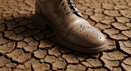 Brown leather shoe stands on cracked earth in a dry arid landscape setting