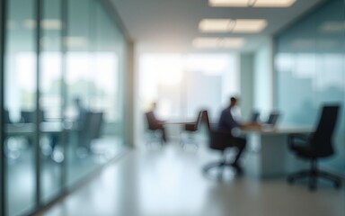 Blurred office space with glass walls and tables in the blurred background, minimalist style. High quality