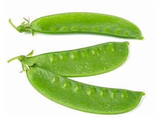 Fresh mangetout (snow peas), flat green pods with tiny peas visible, isolated on pristine white background.