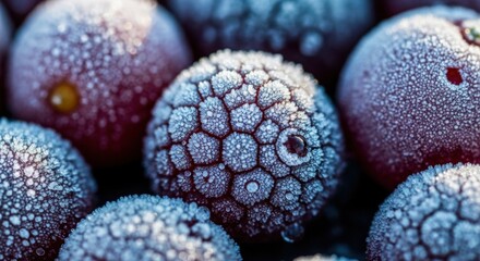 Macro photograph of frozen cranberries covered in ice crystals glistening in the cold air