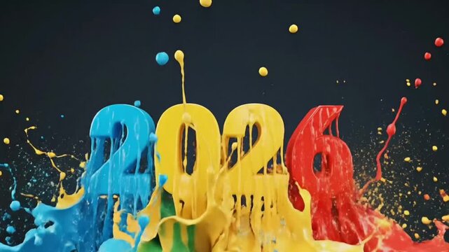 Happy New Years Eve 2026 Celebration Concept With Bold White Text Exploding In Dynamic Cyan Magenta And Yellow Paint Splash Effect Against Dark Background Creating Energetic Visual For Creative Market