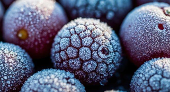 Macro photograph of frozen cranberries covered in ice crystals glistening in the cold air