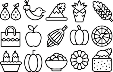 Line art icons set of various food, nature, and common elements.