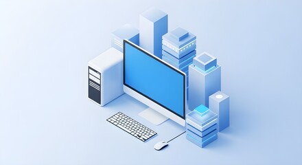 Modern isometric computer setup with sleek monitor keyboard and tower surrounded by abstract futuristic buildings