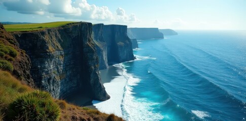 Dramatic cliffs overlooking vast ocean, crashing waves , adventure, travel, wildness