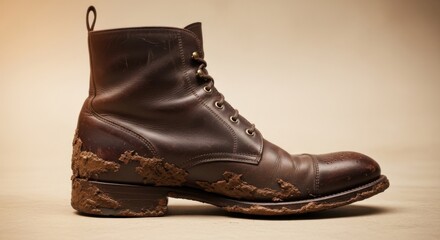 Muddy brown leather boot shows wear and tear after outdoor work or hiking adventure use