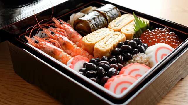 Traditional Japanese New Year osechi dishes in a lacquered jubako box