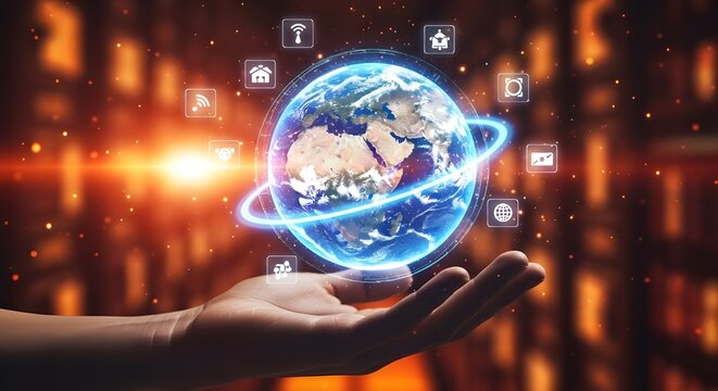 Hand holding a glowing digital earth with interconnected icons representing global technology and innovation