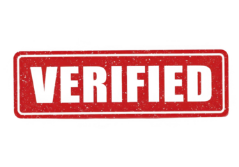 Distressed red verified stamp with white border isolated on transparent background