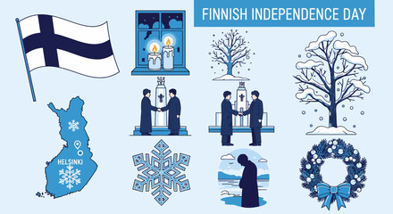 Blue and white graphic icons depicting Finnish Independence Day themes