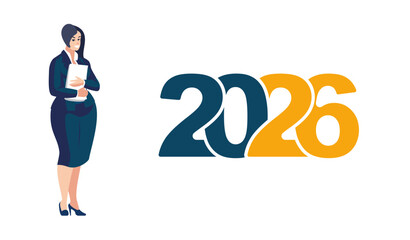 2026. Happy New Year. Design, people, business lady with documents near orange and blue numbers. Business. Financial profit in the new year. Investment in capital management. Vector illustration