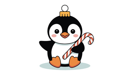 Festive Penguin Ornament with Candy Cane: A charming penguin, adorned with an ornamental crown, holds a striped candy cane, embodies holiday cheer. 