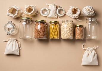 Glass jars and cotton bags displayed on beige surface promoting zero waste lifestyle with sustainable and ecofriendly alternatives, creating a mindful and conscious living concept.