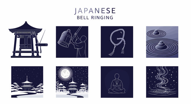Eight indigo illustrations related to Japanese bell ringing temples and meditation