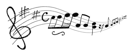 Crayon pastel or chalk music note signs doodle hand drawn symbol shapes set. Chalkboard textured musical symbols treble, bass clefs, pauses doodle collection.