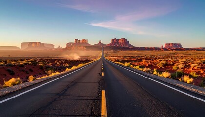 A classic American road trip on the iconic straight highway leading through the desert towards the majestic buttes of Monument Valley at sunrise