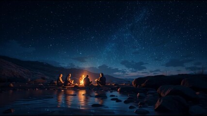 People gathered around a campfire under a starry night sky - Powered by Adobe