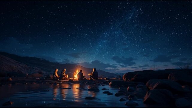 People gathered around a campfire under a starry night sky