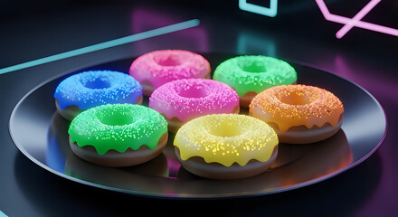 Colorful donuts arranged on a plate glistening with sugary goodness, perfect for marketing, advertising, and social media campaigns seeking vibrant, playful visuals