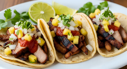 Delicious tacos al pastor with pineapple salsa, cilantro, and fresh lime wedges are perfect for your authentic Mexican food project or Cinco de Mayo celebration