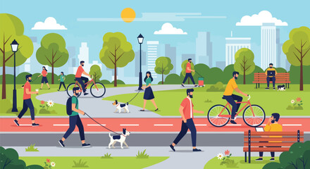 Enjoying vibrant city park life with biking, walking dogs, and working outdoors on a sunny day