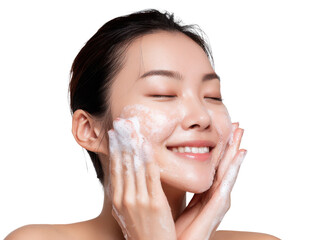 Glowing Skin Ritual: A woman finds her inner peace, eyes closed, as she cradles her face, gently washing it with a cleanser, embodying the beauty of self-care.