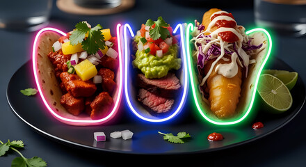 Tantalizing neon tacos trio, vibrant street food fiesta, modern Mexican cuisine, culinary delight with fresh toppings and zesty flavors, perfect for foodies