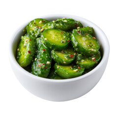 Vibrant Cucumber Delight: Freshly cut cucumbers are tossed in a flavorful dressing, served in an elegant white bowl, inviting a refreshing culinary experience.