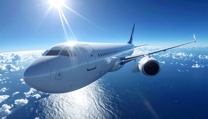 Airplane Flying Above Clouds Under Sun in Blue Sky With Wings and Engine, Travel Concept