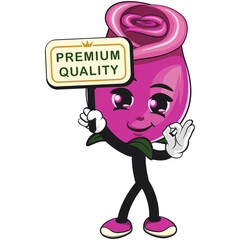 cute pink rose mascot cartoon vector illustration, adorable flower character with a sign premium quality, isolated botanical blossom design for valentine, spring, kids concept, work of hand drawn