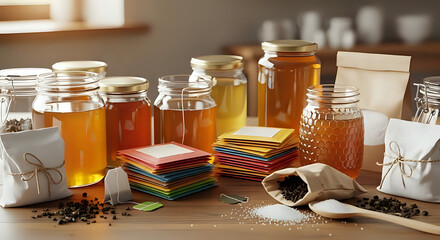 Artisanal honey jars and tea blends create a comforting, natural vibe with inviting aromas perfect for wellness brands and sustainable living campaigns