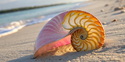 Pink and Gold Nautilus Shell on Beach Close-up Composition, Golden Hour Lighting, Fibonacci Spiral Concept, Seashell Photography Nautilus, Seashore