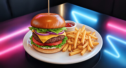 Indulge in a craveable cheeseburger piled high with fresh toppings and golden fries, perfect for fast food cravings and satisfying meals on a vibrant diner table