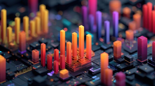 Abstract Data Visualization with Colorful Bar Graphs and Digital Elements in 3D Perspective