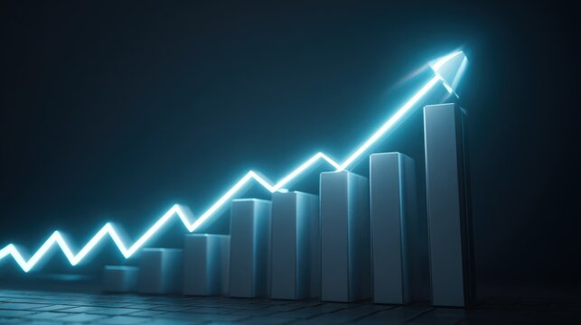 Futuristic Growth Chart with Bright Neon Line Increasing Above White Columns in Dark Environment - Powered by Adobe