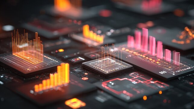 Abstract digital technology visualization with graphs, data analysis and vibrant colors on dark background