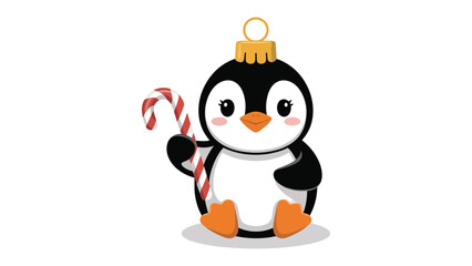 Festive Penguin Ornament: A charming penguin, adorned as an ornament, clutching a candy cane, embodying holiday cheer and winter joy.