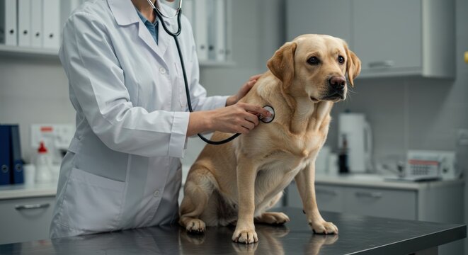Veterinarian examines a golden labrador retriever dog with a stethoscope in clinic setting.