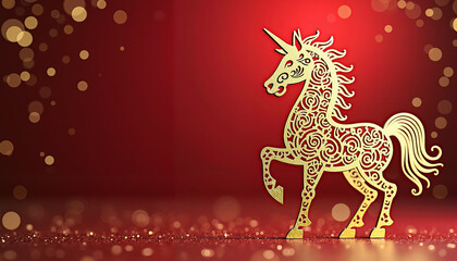 Golden unicorn with ornate swirls on red background and bokeh lights, magical festive elegance