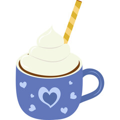 Cozy Purple Mug Filled With Hot Chocolate Topped With Whipped Cream And A Wafer Stick Decorated With Hearts On Transparent Background